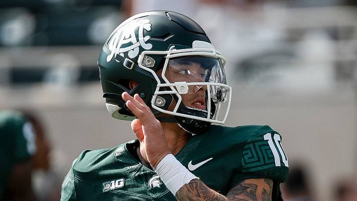 Michigan State quarterback Noah Kim (10) makes a pass during warm up before the Maryland game at Spartan Stadium in East Lansing on Saturday, Sept. 23, 2023. Michigan State quarterback Noah Kim (10) makes a pass during warm up before the Maryland game at Spartan Stadium in East Lansing on Saturday, Sept. 23, 2023.