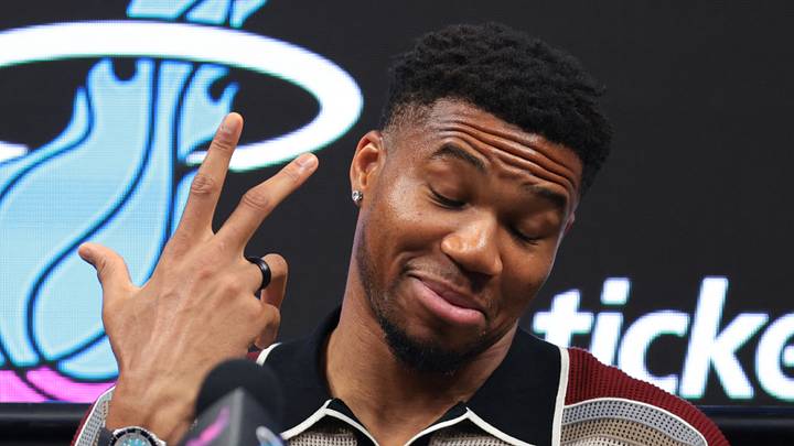 Miami Heat forward Giannis Antetokounmpo (7) reacts during his introductory press conference at Kaseya Center on Jul 16, 2026.