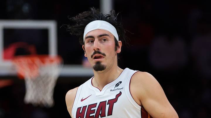 Miami Heat guard Jaime Jaquez Jr. (11) looks on against the Charlotte Hornets during the second quarter at Kaseya Center on October 28, 2025.