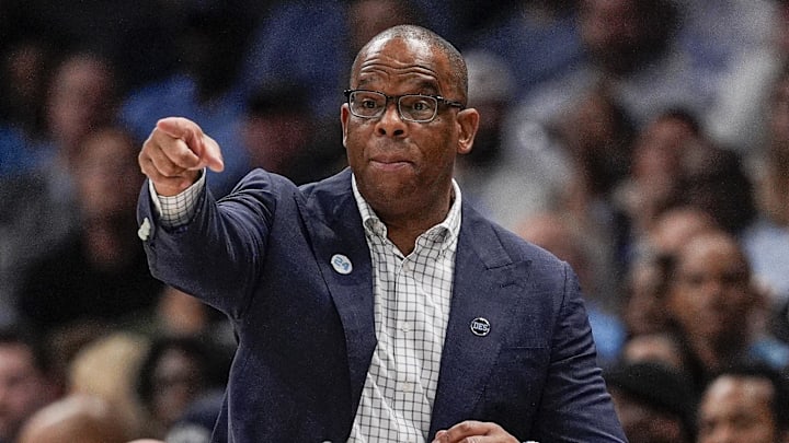 Dec 17, 2024; Charlotte, North Carolina, USA; North Carolina Tar Heels head coach Hubert Davis during the first half against the Florida Gators at Spectrum Center. Mandatory Credit: Jim Dedmon-Imagn Images