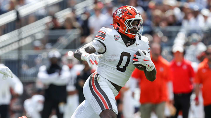 Sep 7, 2024; University Park, Pennsylvania, USA; Bowling Green Falcons tight end Harold Fannin Jr (0) runs with the ball during the second quarter against the Penn State Nittany Lions at Beaver Stadium. Mandatory Credit: Matthew O'Haren-Imagn Images