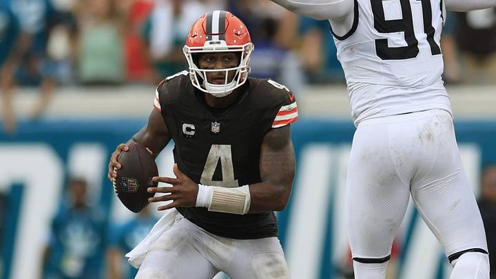 Cleveland Browns quarterback Deshaun Watson (4) runs past Jacksonville Jaguars defensive end Arik Armstead (91) during the fourth quarter of an NFL football matchup Sunday, Sept. 15, 2024 at EverBank Stadium in Jacksonville, Fla. The Browns defeated the Jaguars 18-13. Cleveland Browns quarterback Deshaun Watson (4) runs past Jacksonville Jaguars defensive end Arik Armstead (91) during the fourth quarter of an NFL football matchup Sunday, Sept. 15, 2024 at EverBank Stadium in Jacksonville, Fla. The Browns defeated the Jaguars 18-13.