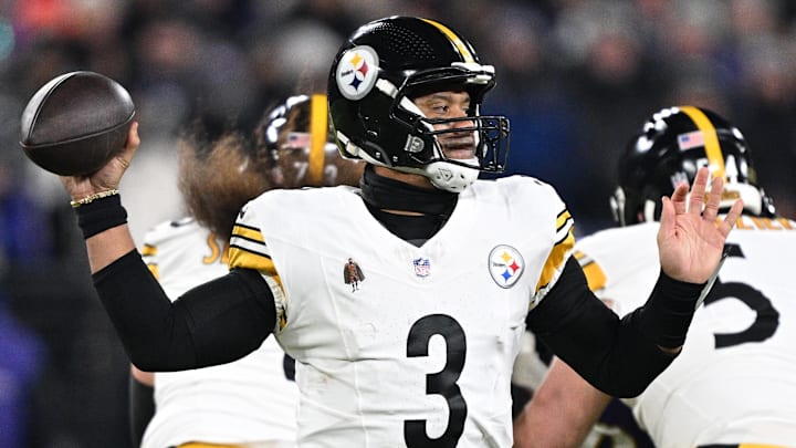 Jan 11, 2025; Baltimore, Maryland, USA; Pittsburgh Steelers quarterback Russell Wilson (3) passes in the second quarter against the Baltimore Ravens in an AFC wild card game at M&T Bank Stadium. Mandatory Credit: Tommy Gilligan-Imagn Images
