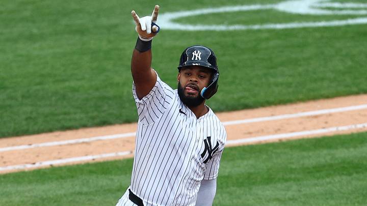 Bronx, New York, USA;  New York Yankees outfielder Heliot Ramos (34) reacts after hitting a home run during the fifth inning against the Boston Red Sox at Yankee Stadium.  Mandatory Credit: Vincent Carchietta-Imagn Images