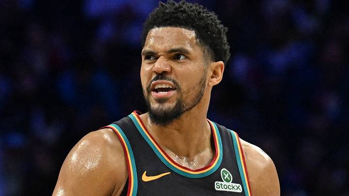 Apr 4, 2026; Philadelphia, Pennsylvania, USA; Detroit Pistons forward Tobias Harris (12) reacts after a basket  against the Philadelphia 76ers during the second half at Xfinity Mobile Arena. Mandatory Credit: Eric Hartline-Imagn Images