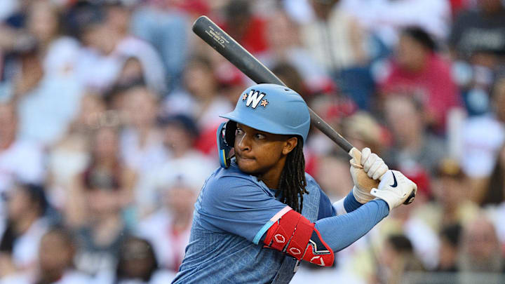 Apr 5, 2025; Washington, District of Columbia, USA; Washington Nationals shortstop CJ Abrams (5) at bat during the eighth inning against the Arizona Diamondbacks at Nationals Park. Apr 5, 2025; Washington, District of Columbia, USA; Washington Nationals shortstop CJ Abrams (5) at bat during the eighth inning against the Arizona Diamondbacks at Nationals Park.