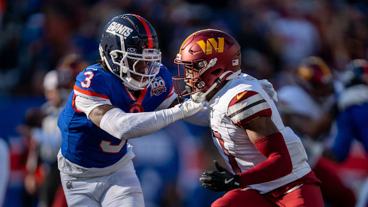 New York Giants cornerback Deonte Banks (3) plays defense on Washington Commanders wide receiver Terry McLaurin (17) during a game between the New York Giants and the Washington Commanders at MetLife Stadium in East Rutherford on Sunday, Nov. 3, 2024. New York Giants cornerback Deonte Banks (3) plays defense on Washington Commanders wide receiver Terry McLaurin (17) during a game between the New York Giants and the Washington Commanders at MetLife Stadium in East Rutherford on Sunday, Nov. 3, 2024.