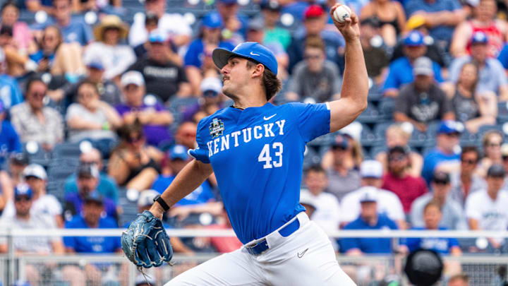 Kentucky Wildcats pitcher Jackson Nove (43) throws against the NC State Wolfpack at Charles Schwab Filed Omaha. 