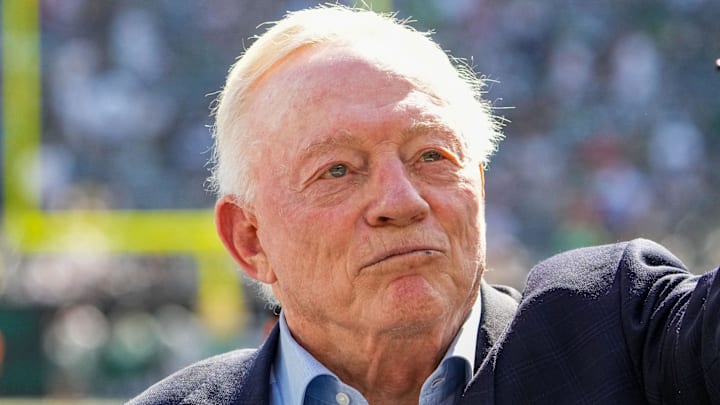 Oct 5, 2025; East Rutherford, New Jersey, USA;  Dallas Cowboys Owner, President and general manager Jerry Jones stands on the field prior to a game against the New York Jets  at MetLife Stadium. 