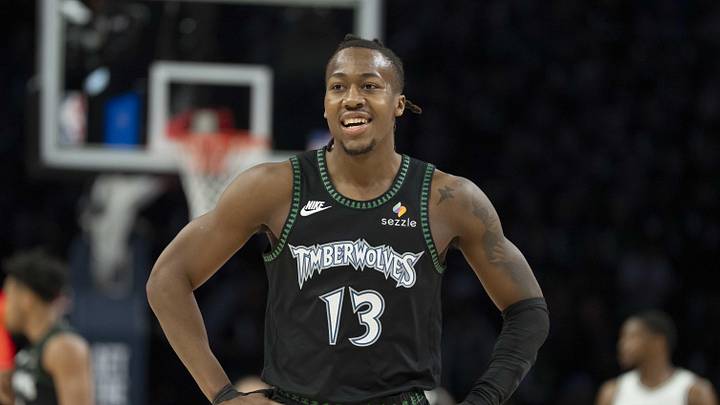 May 8, 2026; Minneapolis, Minnesota, USA; Minnesota Timberwolves guard Ayo Dosunmu (13) against the San Antonio Spurs in the first half during game three of the second round of the 2026 NBA Playoffs at Target Center. Mandatory Credit: Jesse Johnson-Imagn Images