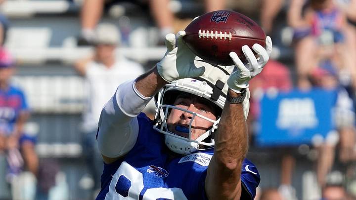 Bills tight end Dalton Kincaid pulls in this pass during position drills during day five of Buffalo Bills training camp at St. John Fisher University Tuesday, August 4, 2026 in Pittsford.