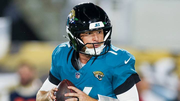 Aug 28, 2026; Jacksonville, Florida, USA; Jacksonville Jaguars quarterback Nick Mullens (14) drops back to pass against the Tampa Bay Buccaneers in the first quarter during preseason at EverBank Stadium. Mandatory Credit: Nathan Ray Seebeck-Imagn Images