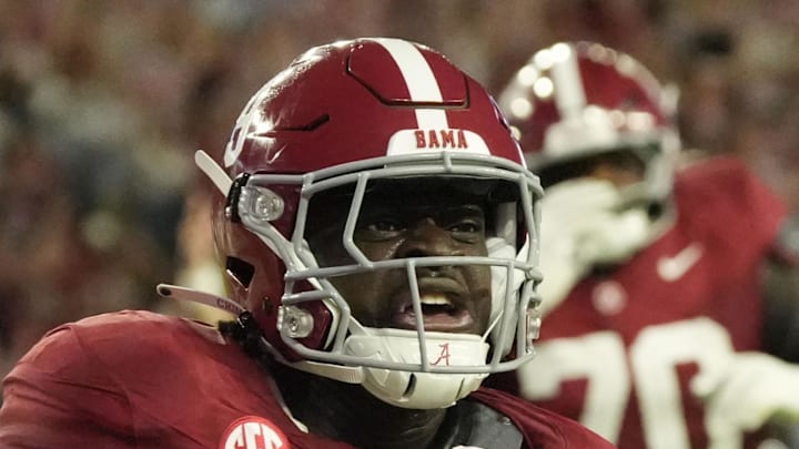 Sep 6, 2025; Tuscaloosa, Alabama, USA;  Alabama running back Richard Young (9) celebrates scoring against UL Monroe at Saban Field at Bryant-Denny Stadium. Mandatory Credit: Gary Cosby Jr.-Imagn Images