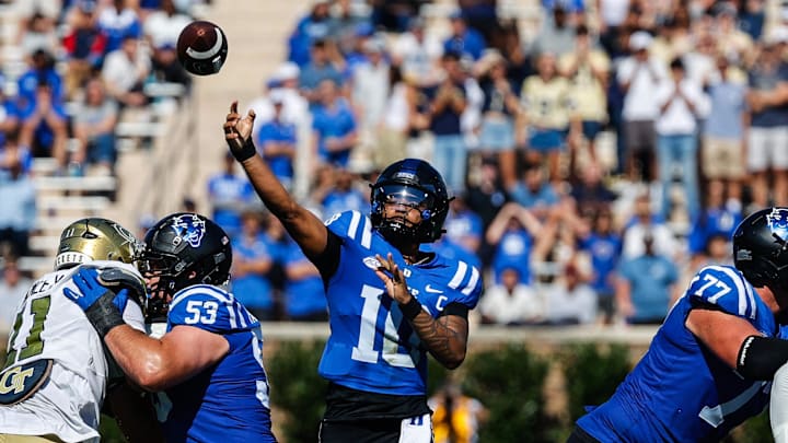 Oct 18, 2025; Durham, North Carolina, USA; Duke Blue Devils quarterback Darian Mensah (10) throws the ball during the first half of the game against Georgia Tech Yellow Jackets at Wallace Wade Stadium. Mandatory Credit: Jaylynn Nash-Imagn Images Oct 18, 2025; Durham, North Carolina, USA; Duke Blue Devils quarterback Darian Mensah (10) throws the ball during the first half of the game against Georgia Tech Yellow Jackets at Wallace Wade Stadium. Mandatory Credit: Jaylynn Nash-Imagn Images