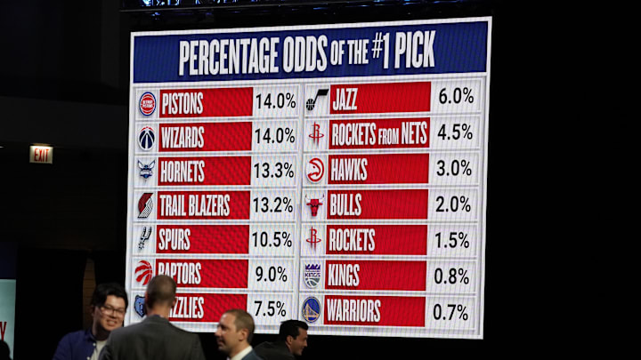 May 12, 2024; Chicago, IL, USA; A overall shot of the 2024 NBA Draft Lottery at McCormick Place West. Mandatory Credit: David Banks-Imagn Images