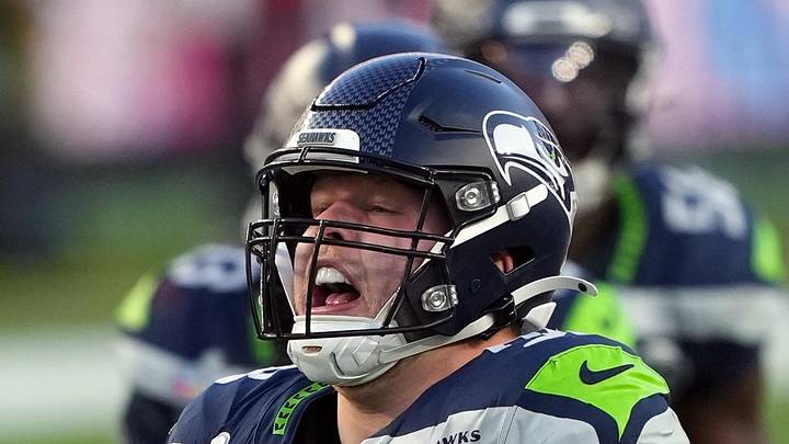 Seattle Seahawks defensive tackle Rylie Mills reacts after a sack against the New England Patriots. Seattle Seahawks defensive tackle Rylie Mills reacts after a sack against the New England Patriots.