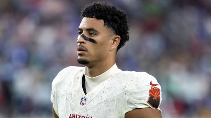 Sep 25, 2025; Glendale, Arizona, USA; Arizona Cardinals wide receiver Michael Wilson (14) against the Seattle Seahawks at State Farm Stadium. Mandatory Credit: Mark J. Rebilas-Imagn Images
