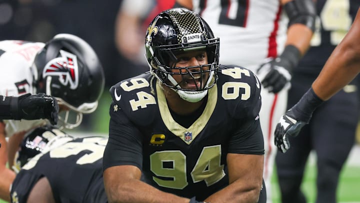 Nov 23, 2025; New Orleans, Louisiana, USA; New Orleans Saints defensive end Cameron Jordan (94) reacts after forcing a fumble against the Atlanta Falcons during the first half at Caesars Superdome. 