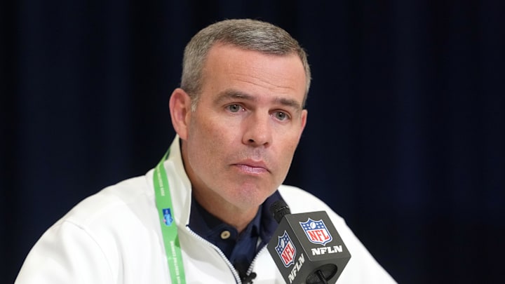 Feb 24, 2026; Indianapolis, IN, USA; Buffalo Bills general manager Brandon Beane speaks at the NFL Scouting Combine at the Indiana Convention Center. Mandatory Credit: Kirby Lee-Imagn Images