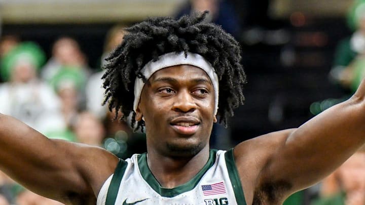 Michigan State's Trey Fort acknowledges the fans during the senior night ceremony after the Spartans win over Rutgers on Thursday, March 5, 2026, at the Breslin Center in East Lansing.