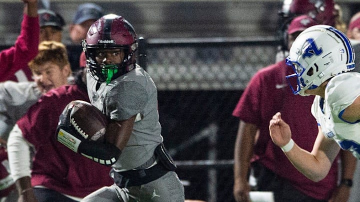 Prattville wide receiver Kameran Shanks (8) breaks free down the sideline for a kick return touchdown at Stanley-Jensen Stadium in Prattville, Ala., on Friday, Oct. 21, 2022. Auburn defeated Prattville 37-29.