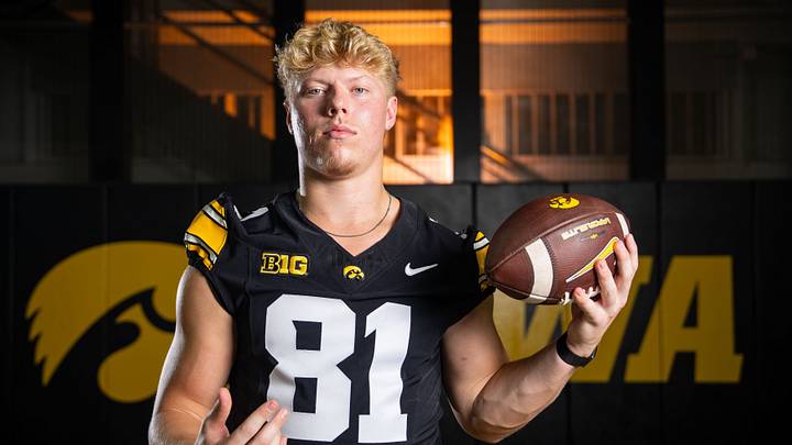 Iowa tight end DJ Vonnahme (81) stands for a portrait during Hawkeye football media day, Friday, Aug. 14, 2026, in Iowa City.