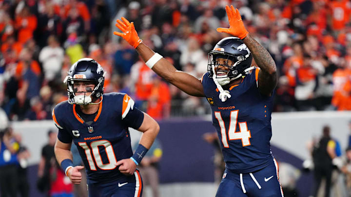 Sep 29, 2025; Denver, Colorado, USA; Denver Broncos wide receiver Courtland Sutton (14) celebrates after scoring a touchdown on a pass from Denver Broncos quarterback Bo Nix (10) during the second quarter against the Cincinnati Bengals at Empower Field at Mile High. Sep 29, 2025; Denver, Colorado, USA; Denver Broncos wide receiver Courtland Sutton (14) celebrates after scoring a touchdown on a pass from Denver Broncos quarterback Bo Nix (10) during the second quarter against the Cincinnati Bengals at Empower Field at Mile High.