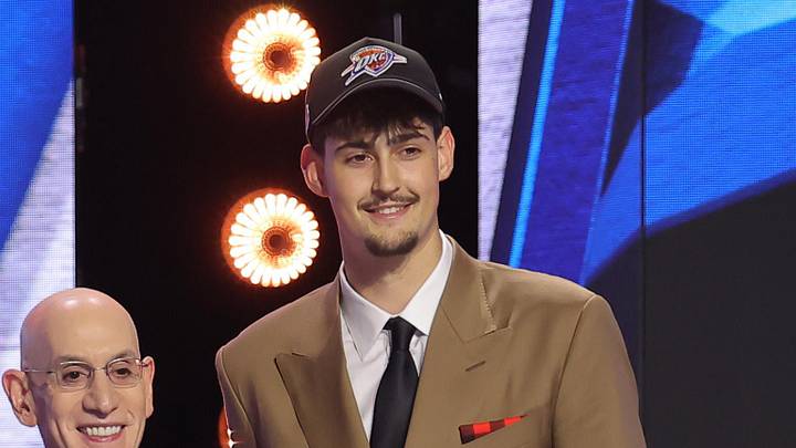 Jun 23, 2026; New York, NY, USA; NBA commissioner Adam Silver greets the twelfth pick in the 2026 NBA draft, Michigan center Aday Mara after he was selected by the Oklahoma City Thunder at Barclays Center. Mandatory Credit: Brad Penner-Imagn Images