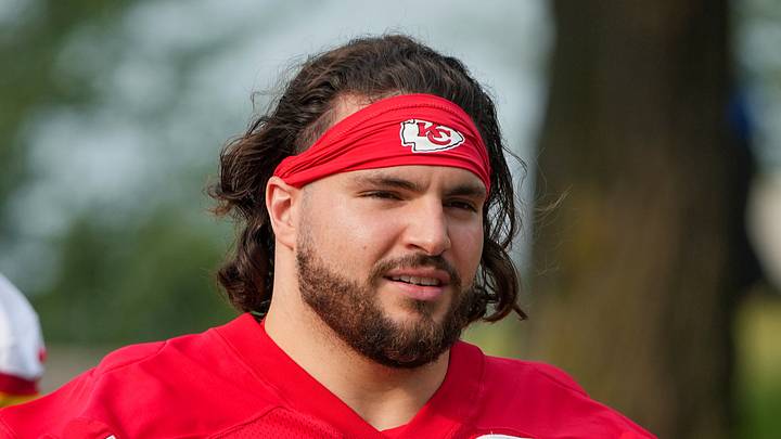 Jul 29, 2026; St. Joseph, MO, USA; Kansas City Chiefs   offensive lineman Hunter Nourzad (64) walks down the hill to the practice fields during training camp at Missouri Western State University. Mandatory Credit: Denny Medley-Imagn Images