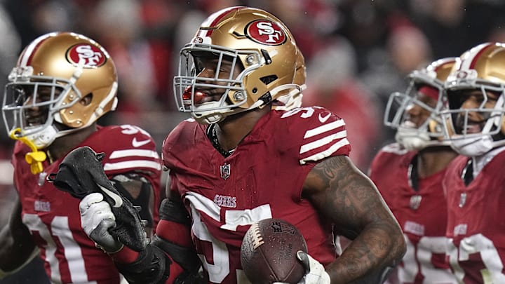 San Francisco 49ers linebacker Dre Greenlaw (57) celebrates his interception during the third quarter of their NFC divisional playoff game Saturday, January 20, 2024 at Levi Stadium in Santa Clara, California. The San Francisco 49ers beat the Green Bay Packers 24-21. San Francisco 49ers linebacker Dre Greenlaw (57) celebrates his interception during the third quarter of their NFC divisional playoff game Saturday, January 20, 2024 at Levi Stadium in Santa Clara, California. The San Francisco 49ers beat the Green Bay Packers 24-21.