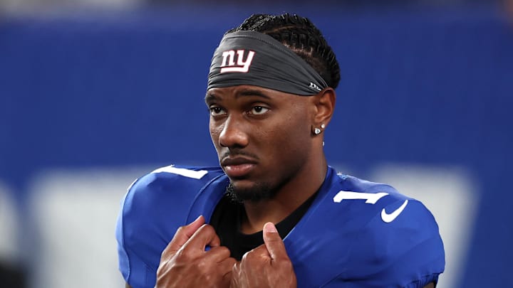 Sep 21, 2025; East Rutherford, New Jersey, USA; New York Giants wide receiver Malik Nabers (1) looks on before the game against the Kansas City Chiefs at MetLife Stadium.  