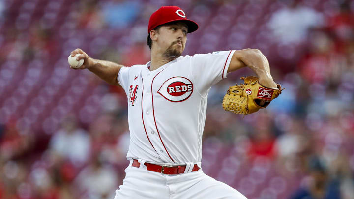 Sep 5, 2023; Cincinnati, Ohio, USA; Cincinnati Reds starting pitcher Connor Phillips (34) pitches against the Seattle Mariners in the first inning at Great American Ball Park. Mandatory Credit: Katie Stratman-Imagn Images