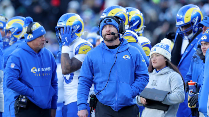 Dec 22, 2024; East Rutherford, New Jersey, USA; Los Angeles Rams head coach Sean McVay coaches against the New York Jets during the second quarter at MetLife Stadium. Mandatory Credit: Brad Penner-Imagn Images Dec 22, 2024; East Rutherford, New Jersey, USA; Los Angeles Rams head coach Sean McVay coaches against the New York Jets during the second quarter at MetLife Stadium. Mandatory Credit: Brad Penner-Imagn Images