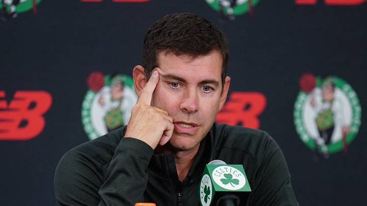 Sep 29, 2025; Boston, MA, USA; Boston Celtics president of basketball operations Brad Stevens talks to reporters during media day at the Auerbach Center. Mandatory Credit: David Butler II-Imagn Images