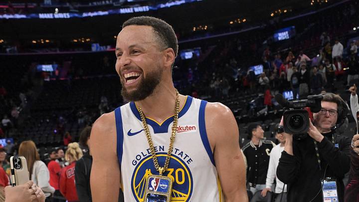 Inglewood, California, USA; Golden State Warriors guard Stephen Curry (30) smiles on the court after defeating the Los Angeles Clippers during the play-in rounds of the 2026 NBA Playoffs at Intuit Dome. Mandatory Credit: Jayne Kamin-Oncea-Imagn Images
