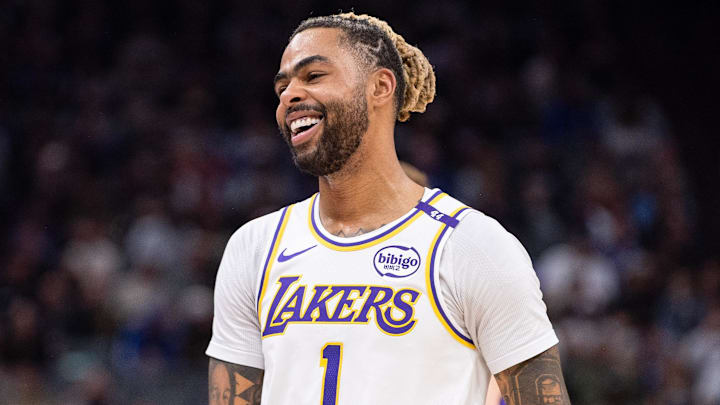 Dec 21, 2024; Sacramento, California, USA; Los Angeles Lakers guard D'Angelo Russell (1) smiles during a time out in the second quarter of the game against the Sacramento Kings at Golden 1 Center. Mandatory Credit: Ed Szczepanski-Imagn Images Dec 21, 2024; Sacramento, California, USA; Los Angeles Lakers guard D'Angelo Russell (1) smiles during a time out in the second quarter of the game against the Sacramento Kings at Golden 1 Center. Mandatory Credit: Ed Szczepanski-Imagn Images