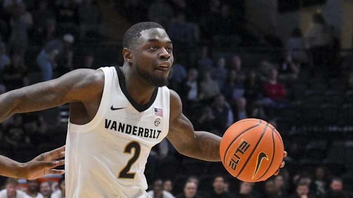 Nov 20, 2025; Nashville, Tennessee, USA;  Vanderbilt Commodores guard Duke Miles (2) drives to the basket against the Texas Southern Tigers during the first half at Memorial Gymnasium. Mandatory Credit: Steve Roberts-Imagn Images