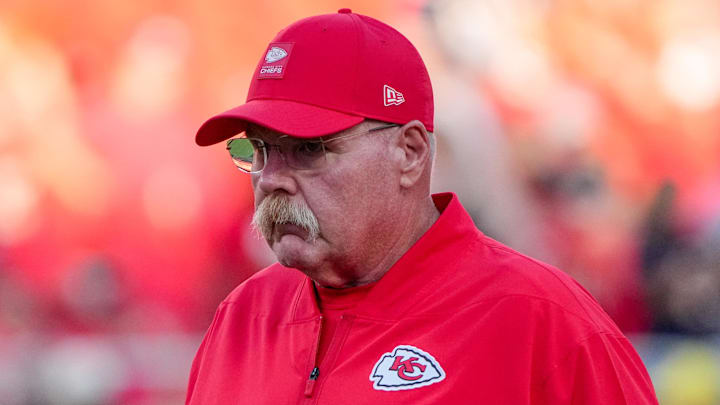 Aug 22, 2025; Kansas City, Missouri, USA; Kansas City Chiefs head coach Andy Reid on field against the Chicago Bears during the first half of the game at GEHA Field at Arrowhead Stadium. Mandatory Credit: Denny Medley-Imagn Images