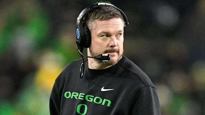 Dec 20, 2025; Eugene, OR, USA; Oregon Ducks head coach Dan Lanning looks on during the fourth quarter against the James Madison Dukes at Autzen Stadium. Mandatory Credit: Craig Strobeck-Imagn Images Dec 20, 2025; Eugene, OR, USA; Oregon Ducks head coach Dan Lanning looks on during the fourth quarter against the James Madison Dukes at Autzen Stadium. Mandatory Credit: Craig Strobeck-Imagn Images