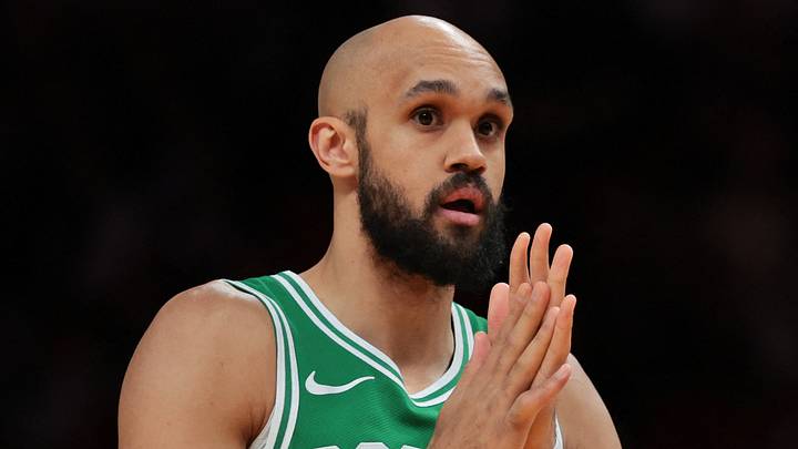Apr 1, 2026; Miami, Florida, USA; Boston Celtics guard Derrick White (9) looks on before the game against the Miami Heat at Kaseya Center. Mandatory Credit: Sam Navarro-Imagn Images