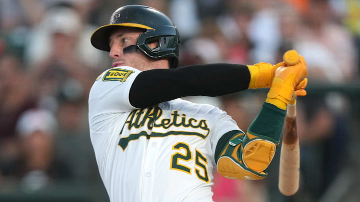 Athletics designated hitter Brent Rooker (25) bats against the San Francisco Giants during the fourth inning at Sutter Health Park. Athletics designated hitter Brent Rooker (25) bats against the San Francisco Giants during the fourth inning at Sutter Health Park.