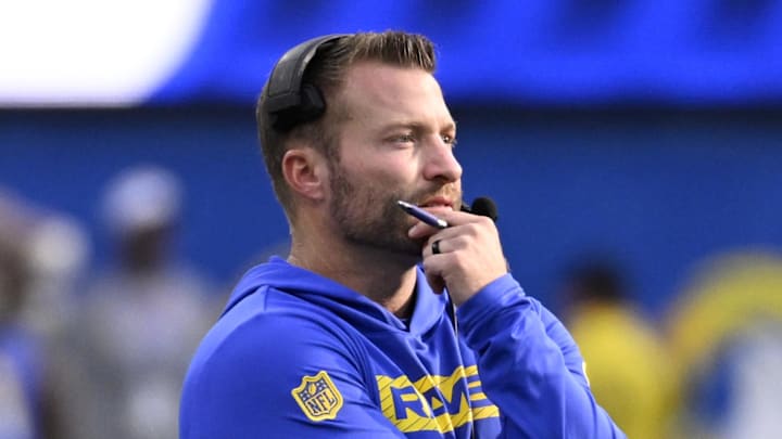 Oct 20, 2024; Inglewood, California, USA; Los Angeles Rams head coach Sean McVay watches during the second half against the Las Vegas Raiders at SoFi Stadium. Mandatory Credit: Alex Gallardo-Imagn Images Oct 20, 2024; Inglewood, California, USA; Los Angeles Rams head coach Sean McVay watches during the second half against the Las Vegas Raiders at SoFi Stadium. Mandatory Credit: Alex Gallardo-Imagn Images