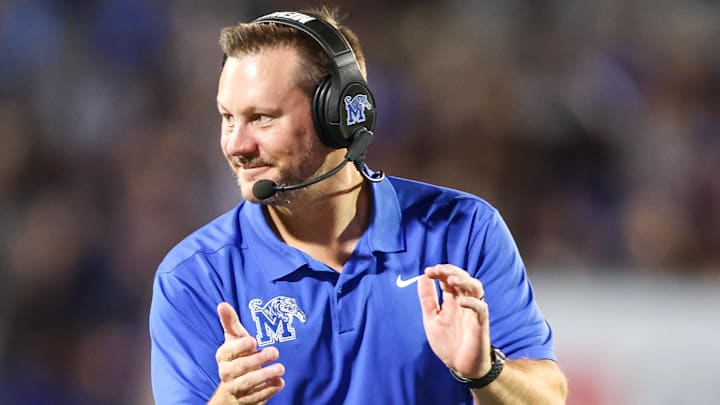 Memphis Tigers coach Ryan Silverfield reacts during the first half against the Tulsa Golden Hurricane at Simmons Bank Liberty Stadium. Memphis Tigers coach Ryan Silverfield reacts during the first half against the Tulsa Golden Hurricane at Simmons Bank Liberty Stadium.