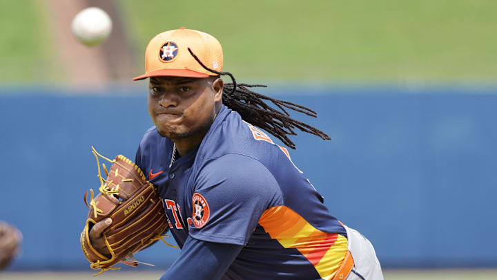 Feb 26, 2025; West Palm Beach, Florida, USA; Houston Astros pitcher Framber Valdez (59) throws a pitch during the first inning against the Washington Nationals at CACTI Park of the Palm Beaches.