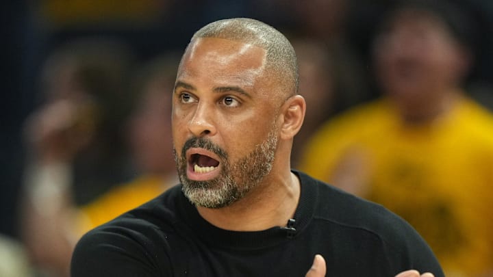 Apr 26, 2025; San Francisco, California, USA; Houston Rockets head coach Ime Udoka yells during the first quarter against the Golden State Warriors during the first quarter of game three of first round for the 2024 NBA Playoffs at Chase Center. Mandatory Credit: Darren Yamashita-Imagn Images