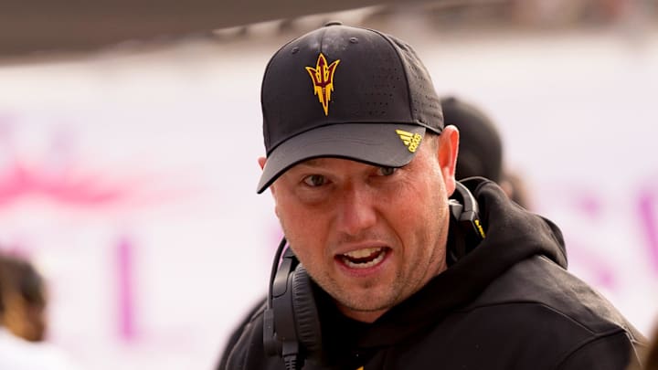 Arizona State head football coach Kenny Dillingham talks to his team during a time out a the Tony the Tiger Sun Bowl against Duke at Sun Bowl Stadium in El Paso, Texas, on Wednesday, Dec. 31, 2025.