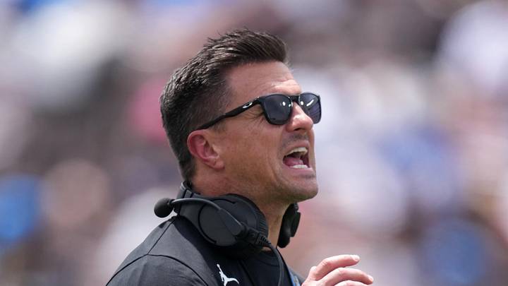 May 2, 2026; Pasadena, CA, USA; UCLA Bruins coach Bob Chesney reacts during the spring game at Rose Bowl. Mandatory Credit: Kirby Lee-Imagn Images