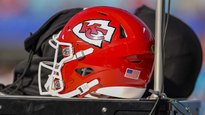 Nov 24, 2024; Charlotte, North Carolina, USA; Kansas City Chiefs helmet during pregame warmups against the Carolina Panthers at Bank of America Stadium. Mandatory Credit: Jim Dedmon-Imagn Images