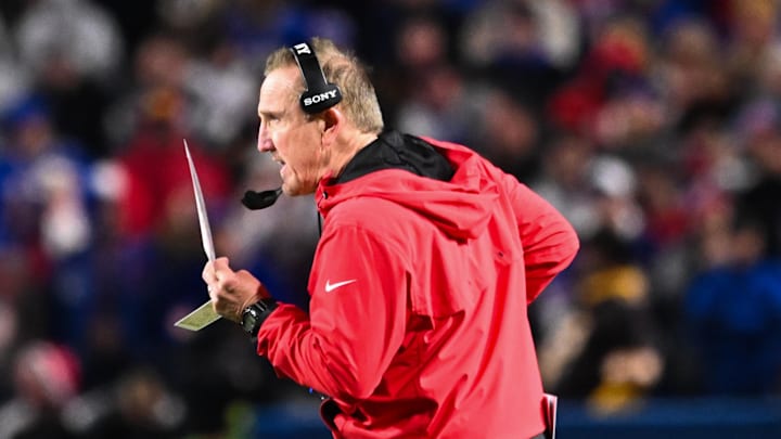 Nov 2, 2025; Orchard Park, New York, USA; Kansas City Chiefs defensive coordinator Steve Spagnuolo reacts from the sideline during the second half against the Buffalo Bills at Highmark Stadium. Mandatory Credit: Mark Konezny-Imagn Images
