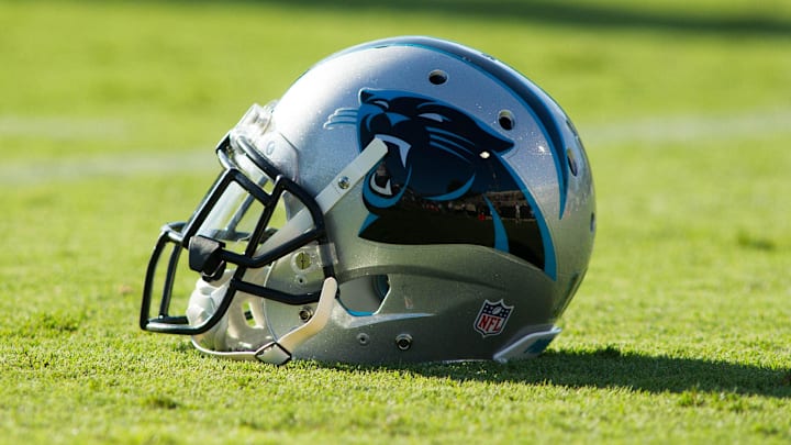 Jul 28, 2016; Spartanburg, SC, USA; A Carolina Panthers helmet lays on the field during the training camp at Wofford College. Mandatory Credit: Jeremy Brevard-Imagn Images